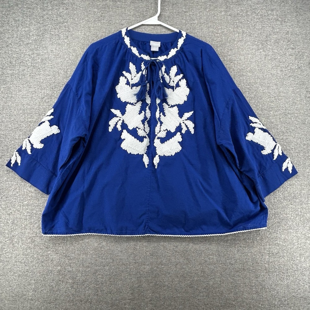 Chicos Embroidery Blouse Top Women Size 2/US 12/14 Blue Casual Bohemian Tassel